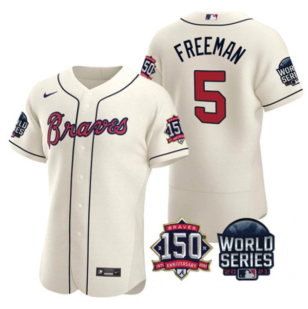 Men's Cream Atlanta Braves #5 Freddie Freeman 2021 World Series With 150th Anniversary Patch Stitched Baseball Jersey
